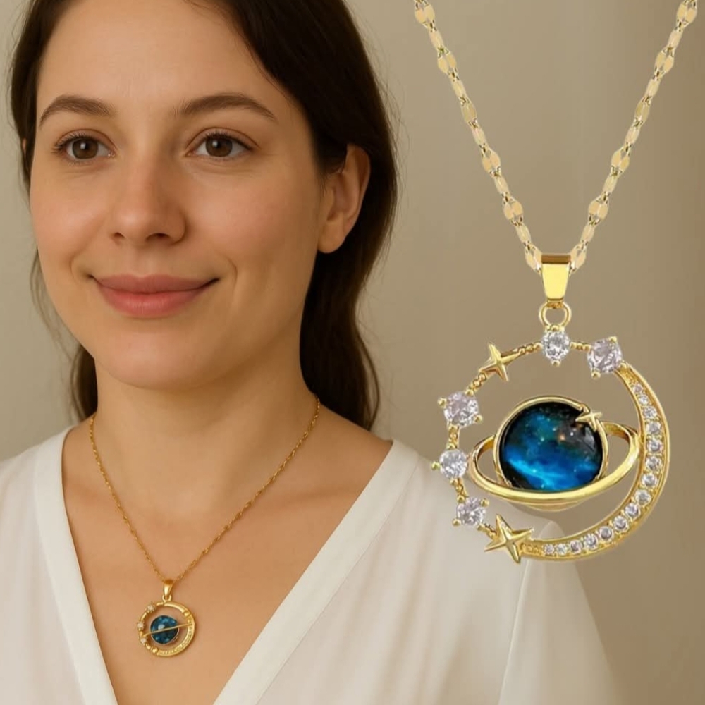 Stainless Steel Gold and Blue Celestial Pendant Necklace